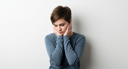Sad Young Caucasian Woman with Short Hair Holding Her Face in Hands Against White Wall