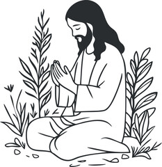 Black and white illustration of Jesus praying outdoors surrounded by plants and nature
