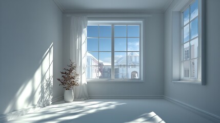 Fototapeta premium 3D Rendering of White Wall with Window Light and Shadows on Minimalist Floor
