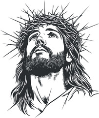 Black and white illustration of Jesus wearing a crown of thorns looking upward in faith and devotion