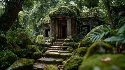 Ancient Temple in the Jungle Covered with Moss, Open Door Revealing Interior