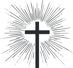 Black Christian cross with radiant light rays symbolizing faith, spirituality, and divine power