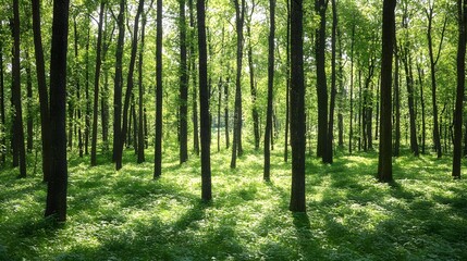 Fototapeta premium Lush Green Forest Sunlight Dappled Trees Nature Scenery