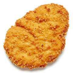 Golden brown fried chicken tender isolated on white background. Crispy and crunchy chicken strip isolated. Delicious fried chicken breast closeup.