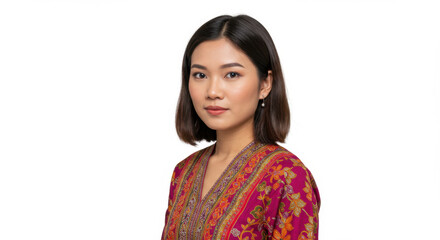 Elegant Asian Woman in Traditional Batik Attire Looking Confidently at Camera – Cultural Fashion and Identity Concept