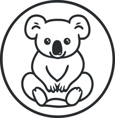 Cute black and white cartoon koala illustration sitting inside a circle outline