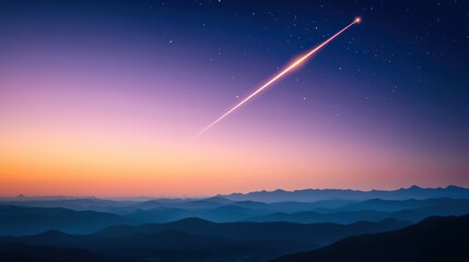A breathtaking landscape at twilight showcases a shooting star against a gradient sky of purple and orange hues, ideal for themes of inspiration, wonder, or celestial events in promotional materials,