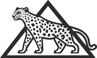 Stylized black and white illustration of a walking cheetah with spots inside a triangle shape graphic