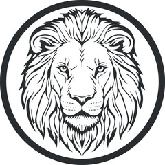 Black and white line art illustration of a lion head with a detailed mane inside a circle