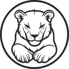 Black and white vector illustration of a lioness resting inside a circular frame with paws forward