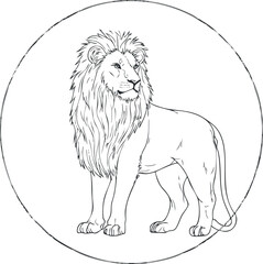 Black and white line art illustration of a standing lion with detailed mane and strong posture inside a circle.