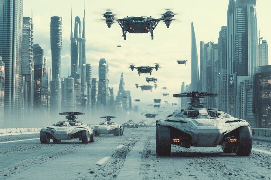 Futuristic vehicles convoy, drones overhead, cityscape background.