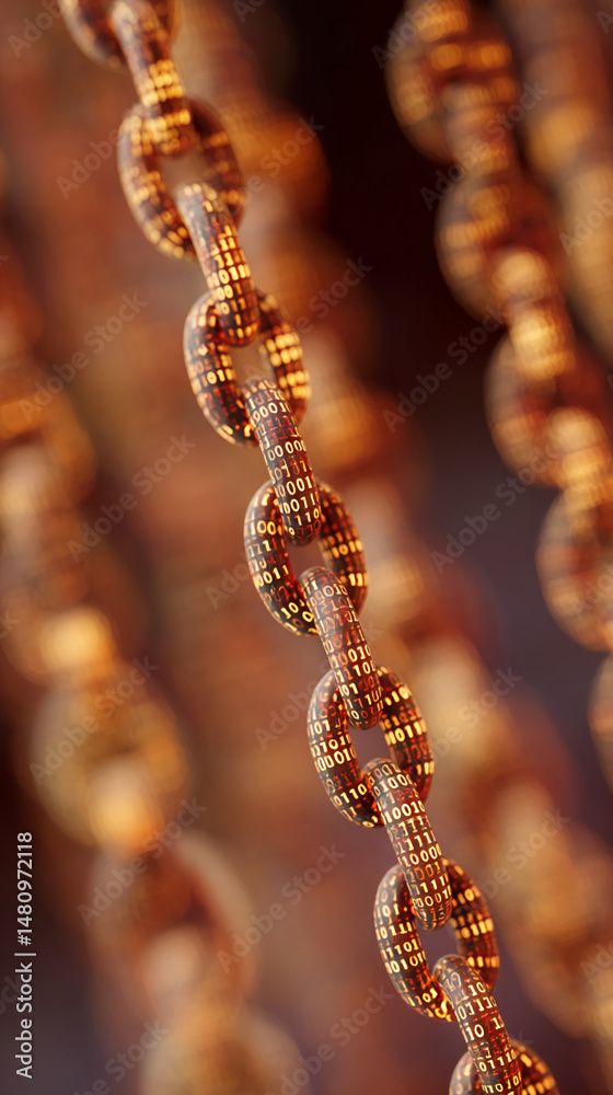 Poster close-up of a chain composed of links displaying binary code, suggesting digital security, connectio