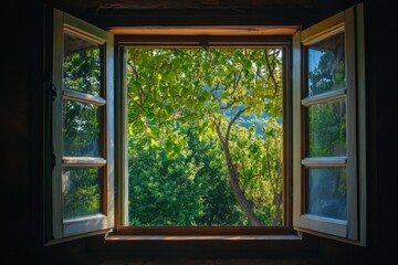 Fototapeta premium Open Window with Scenic Forest View