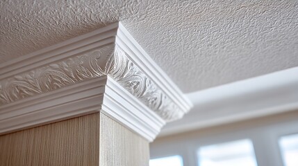 Obraz premium Close-up of Textured Wall with Ceiling Plasterboard and White Cornice Corner Detail