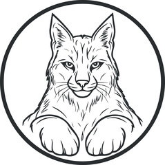 Black and white line art illustration of a lynx with detailed facial features and paws inside a circular frame