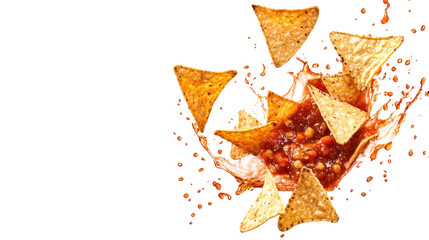 Crispy Tortilla Chips in Spicy Salsa Splash Isolated on Transparent PNG Background for Snack Branding, Mexican Food Design, and Culinary Advertising

