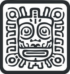 Black and white aztec tribal glyph symbol with stylized face and geometric pattern in square frame