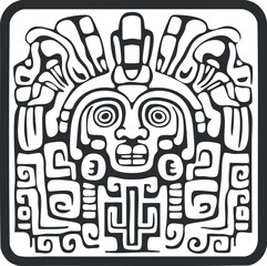 Black and white stylized Mayan or Aztec tribal mask symbol with intricate geometric patterns