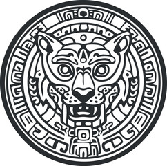 Aztec style jaguar head tribal symbol in a circular ornamental design with ancient cultural patterns © vadymstock