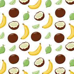 Seamless Pattern with Banana, Coconut and Lime.