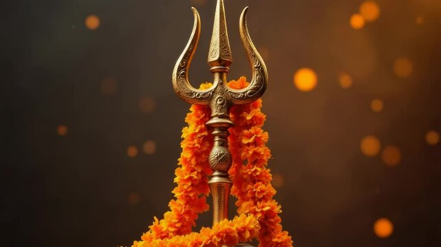 A golden Trishul (trident) adorned with orange flowers stands against a dark background with bokeh lights. Concept of: Divine power.