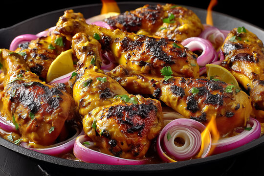 Sizzling Senegalese yassa chicken marinated in lemon and onion, with flames flickering around glossy drumsticks. Vibrant street setting with a lively atmosphere