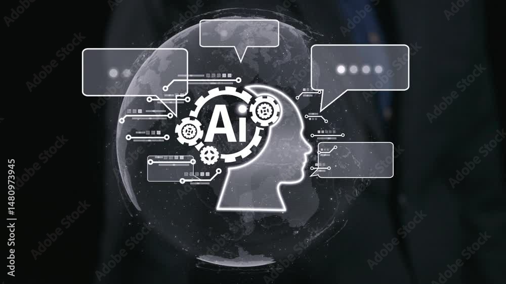 Poster human interact with ai artificial intelligence brain processor in concept of ai artificial intellige