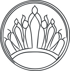 Black and white line art illustration of a decorative crown inside a circular frame symbolizing royalty and elegance