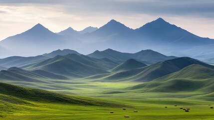 A serene landscape featuring rolling green hills leading to majestic distant mountains under a soft sky, perfect for nature-themed projects, travel brochures, or relaxation spaces,