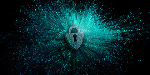 Abstract teal light burst surrounding padlock, symbolizing data security, digital protection, and online privacy