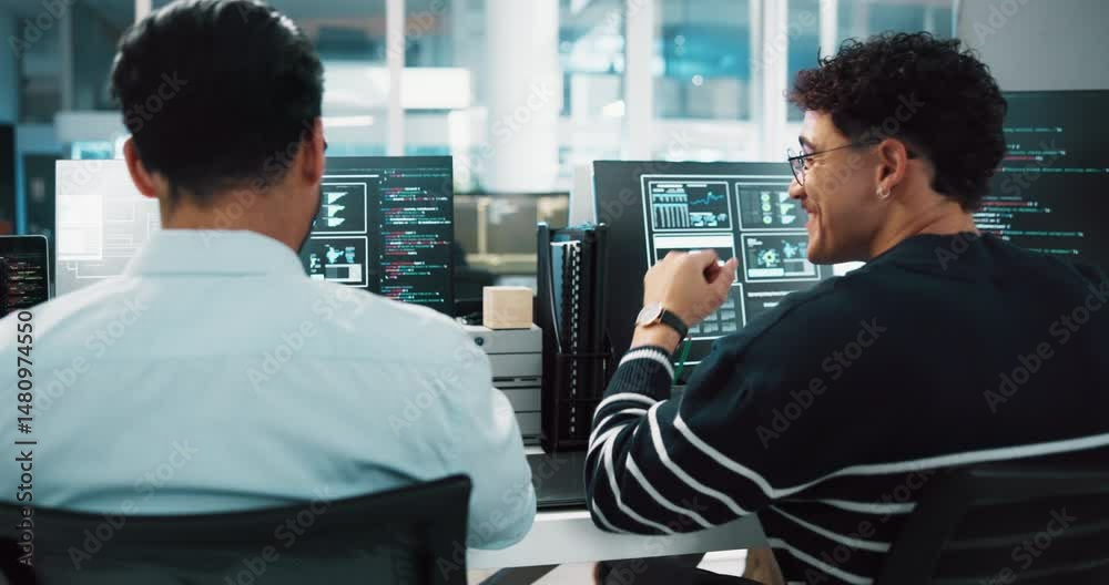 Poster Computer, colleagues and men with fist bump, laughing or celebration for coding, back or achievement. Screen, programmer and people with gesture for success, tech or collaboration for web development