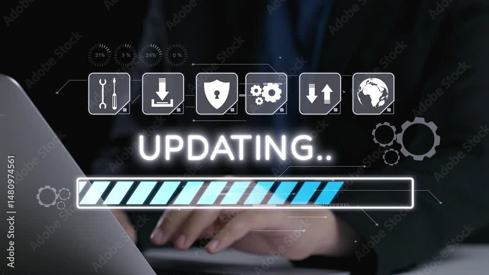 Poster close-up view of a person using a laptop during a system update. a digital loading bar and icons ill