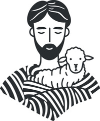 Black and white illustration of a bearded man holding a sheep in his arms, symbolizing care and farming.