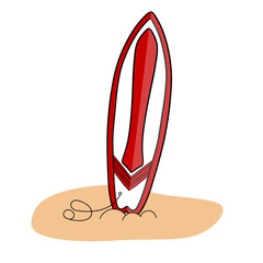 Summer beach paradise time surfboard in red. Paradise cartoon collection. Hand drawn summertime set for cards, posters, banners