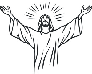 Fototapeta premium Black and white illustration of a man with arms raised and a halo, symbolizing religious faith and worship.