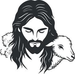 Black and white illustration of Jesus as the shepherd with a lamb on his shoulder symbolizing care and protection.