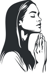 Black and white illustration of a woman in profile with closed eyes praying peacefully with hands together
