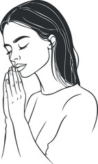 Black and white line art illustration of a woman praying with closed eyes and hands together in peaceful meditation.
