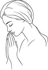 Line art illustration of a woman in profile with closed eyes and hands together in prayer or meditation.