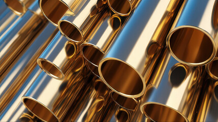 Shiny golden industrial copper pipes stacked for plumbing or construction