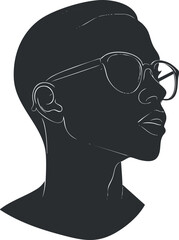 Profile portrait of a woman wearing glasses with short hair in a minimalist black and white style