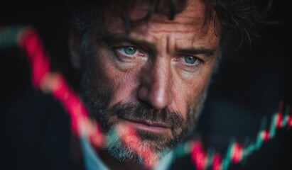 Man looking down with serious expression stock market graph overlayed in foreground.