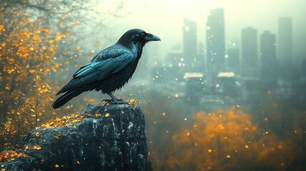 Fototapeta premium Raven perched on rock, autumnal city backdrop