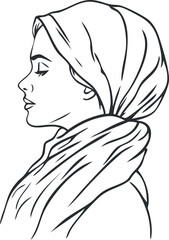 Black and white line art illustration of a woman in profile wearing a headscarf and scarf