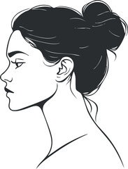 Black and white line art illustration of a woman's profile with hair in a bun and elegant expression.