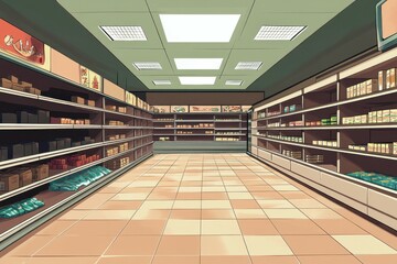 Empty Supermarket Aisle in Illustrative Style