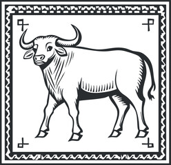 Black and white stylized line drawing of a buffalo with large curved horns inside decorative frame