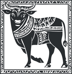 Black and white tribal tattoo style illustration of a bull with decorative patterns and frame