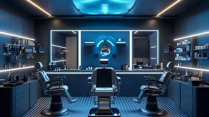 Fototapeta premium Modern Futuristic Barbershop Interior with Blue Neon Lighting